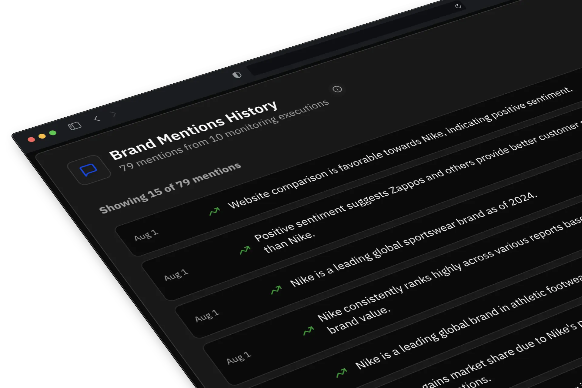 Brand Mentions History dashboard showing brand monitoring execution results and sentiment analysis