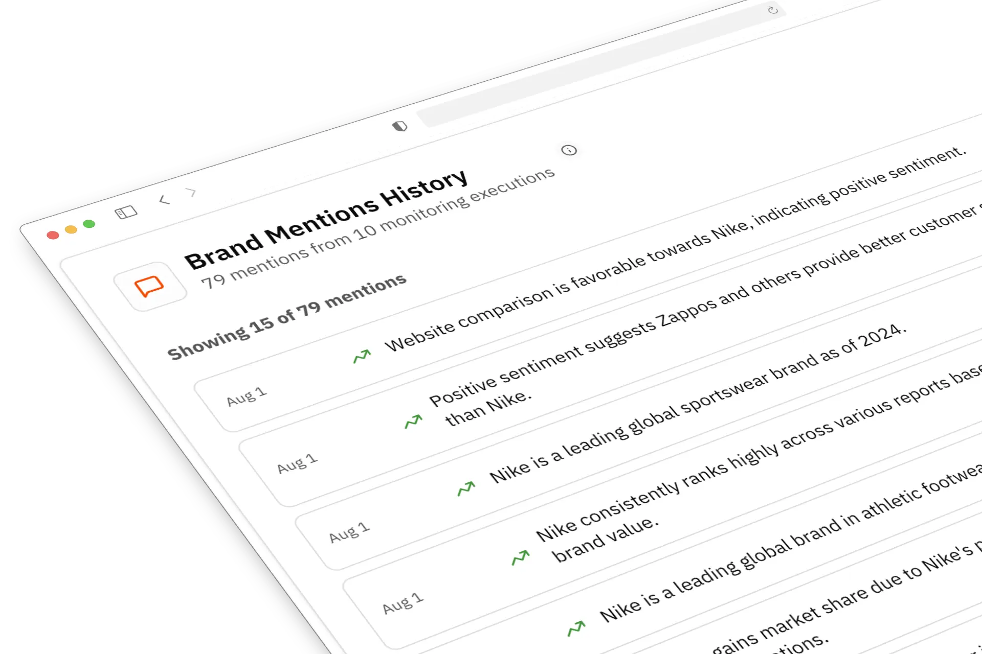 Brand Mentions History dashboard showing brand monitoring execution results and sentiment analysis